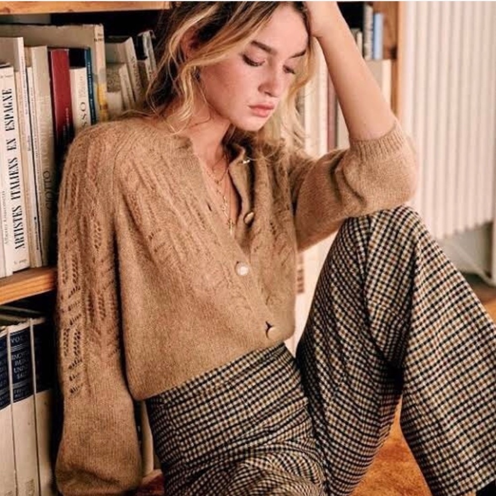 Sezane‎ La Maille Tonio Button Front Mohair Wool Blend Cardigan Tan/Peach L